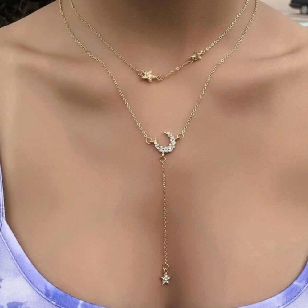 🆕Gold-Tone Star Moon Charm Necklace - Lariat
